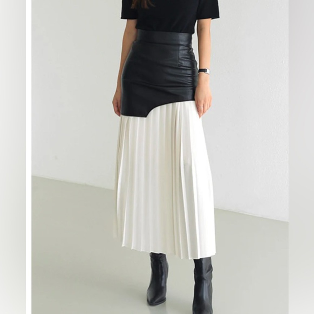 Asymmetrical leather (faux)/chiffon patchwork skirt from Commense